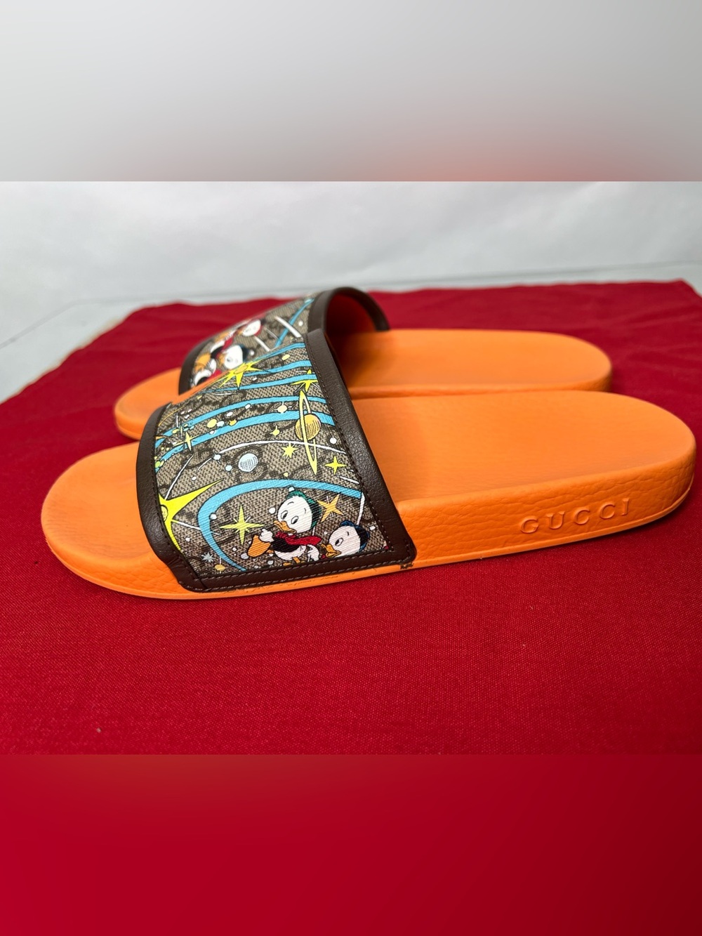 Gucci Huey Duey Louie Orange Slide Sandals GG Monogram Print - Picture 2 of 6